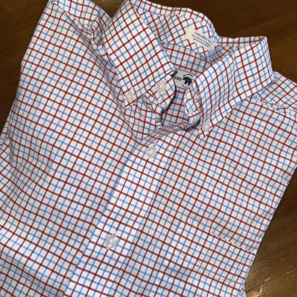 Onward Reserve Men's Medium Button Down Shirt Tailored Fit Red Whire Blue Check
